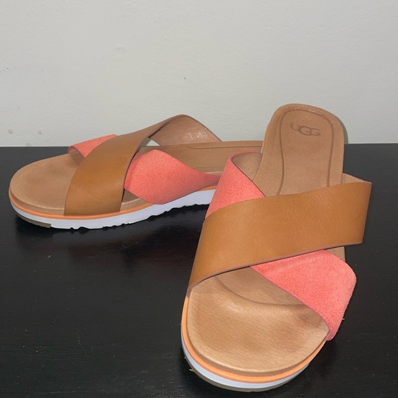 UGG Kari Sandals/Slides size 9.5 coral and brown.  Leather. - Picture 1 of 11